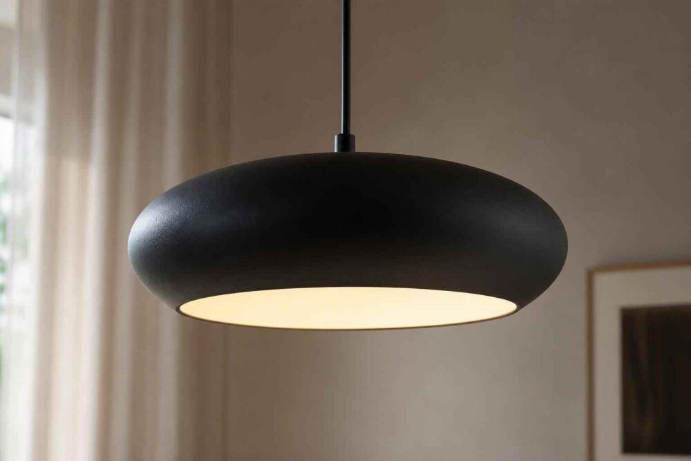 Czarna, owalna lampa wisząca z jasnym światłem w eleganckim wnętrzu