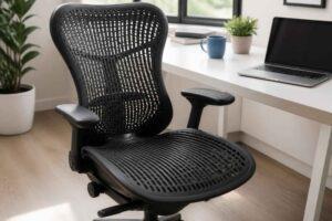 Czarne ergonomiczne krzesło biurowe z siatkowym oparciem i podłokietnikami przy białym biurku