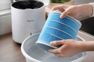 Osoba płucze niebieski filtr oczyszczacza powietrza Philips w misce z wodą