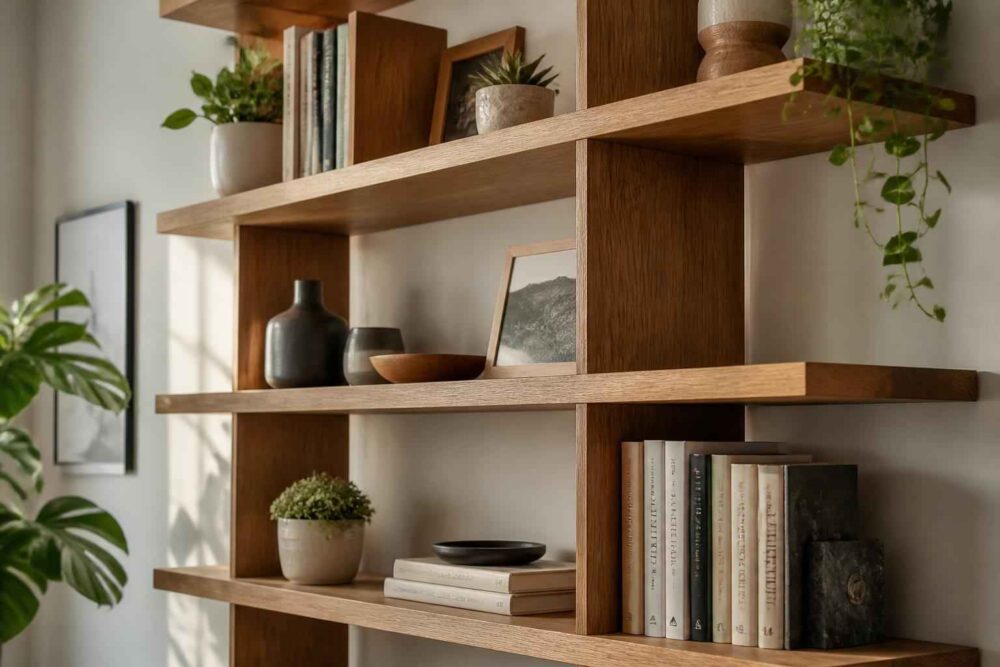 Drewniana półka z książkami i roślinami Drewniany regał z książkami, doniczkami, ceramiką i dekoracyjną ramką na zdjęcie