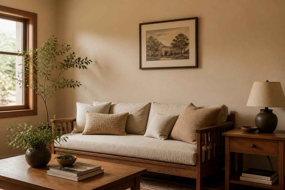 Jasna sofa z beżowymi poduszkami, drewnianym stolikiem, rośliną i lampą w eleganckim salonie