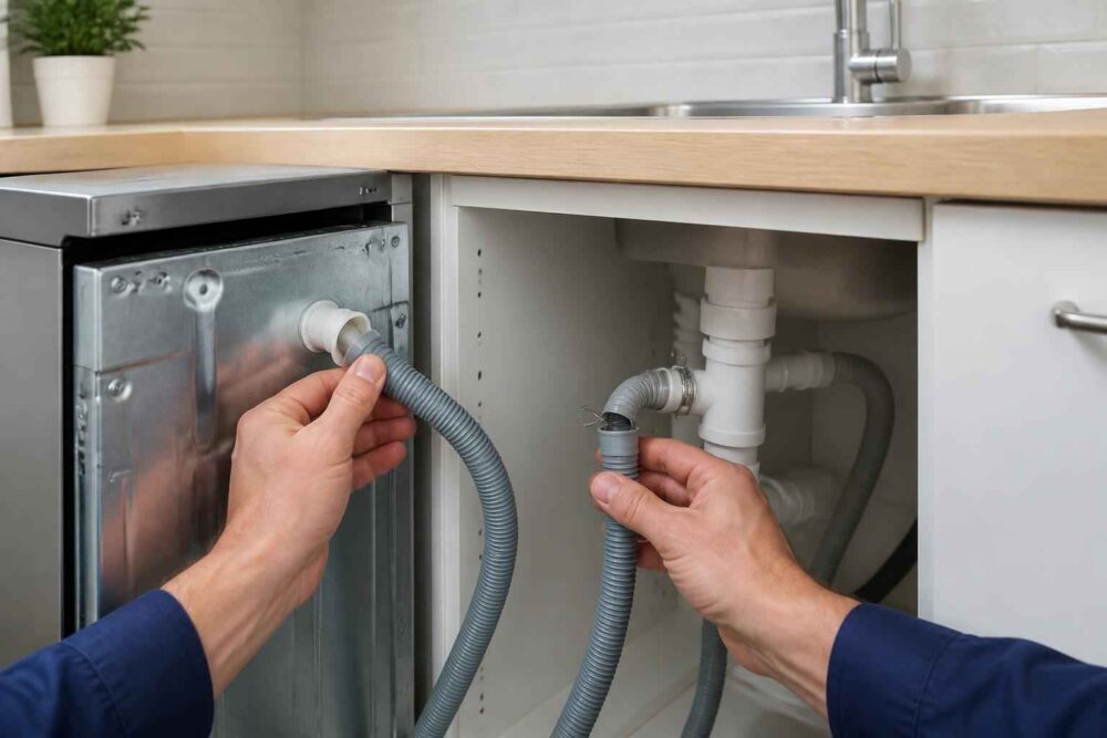 Montaż węży odpływowych pod zlewem Hydraulik podłącza elastyczne węże odpływowe do zmywarki i syfonu pod kuchennym zlewem