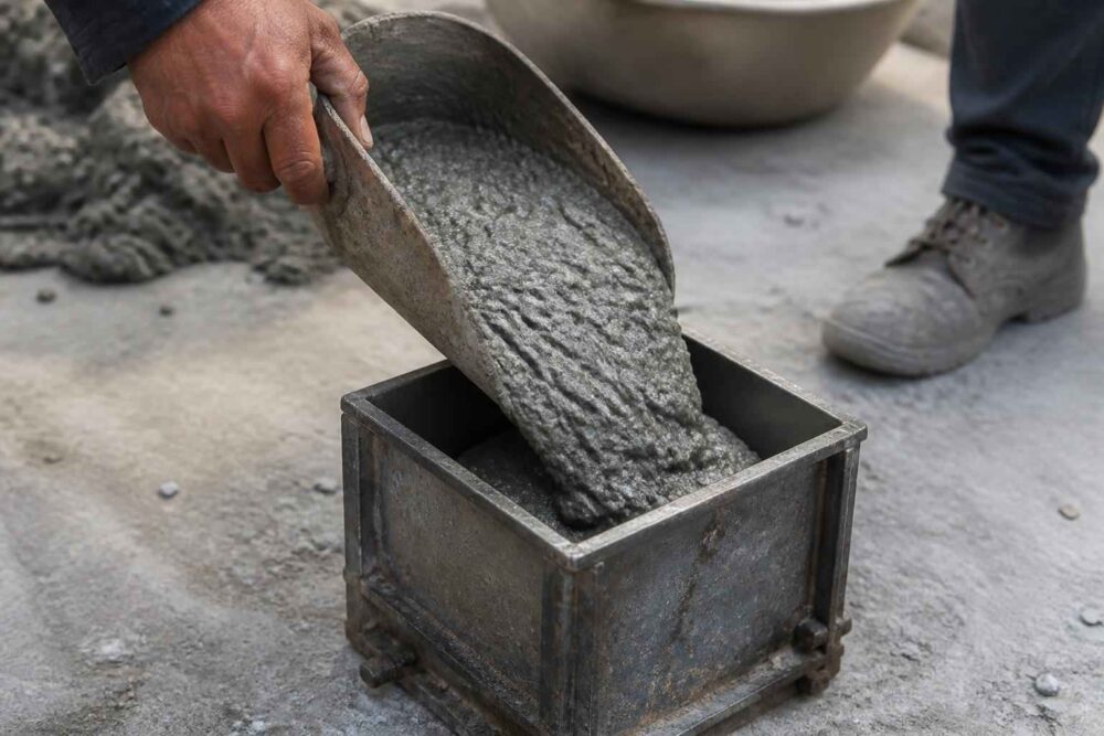 Świeży beton wsypywany z wiadra do kwadratowej metalowej formy budowlanej