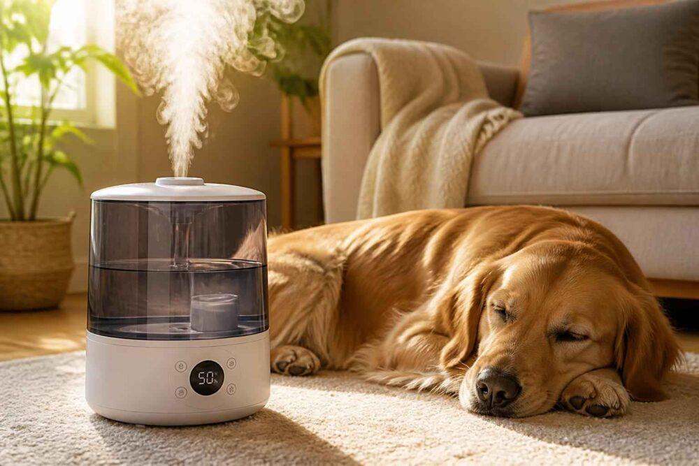 Nawilżacz powietrza stojący obok śpiącego golden retrievera w przytulnym salonie