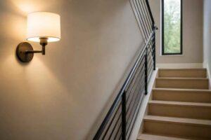 Schody z czarną balustradą i kinkietem prowadzące do okna