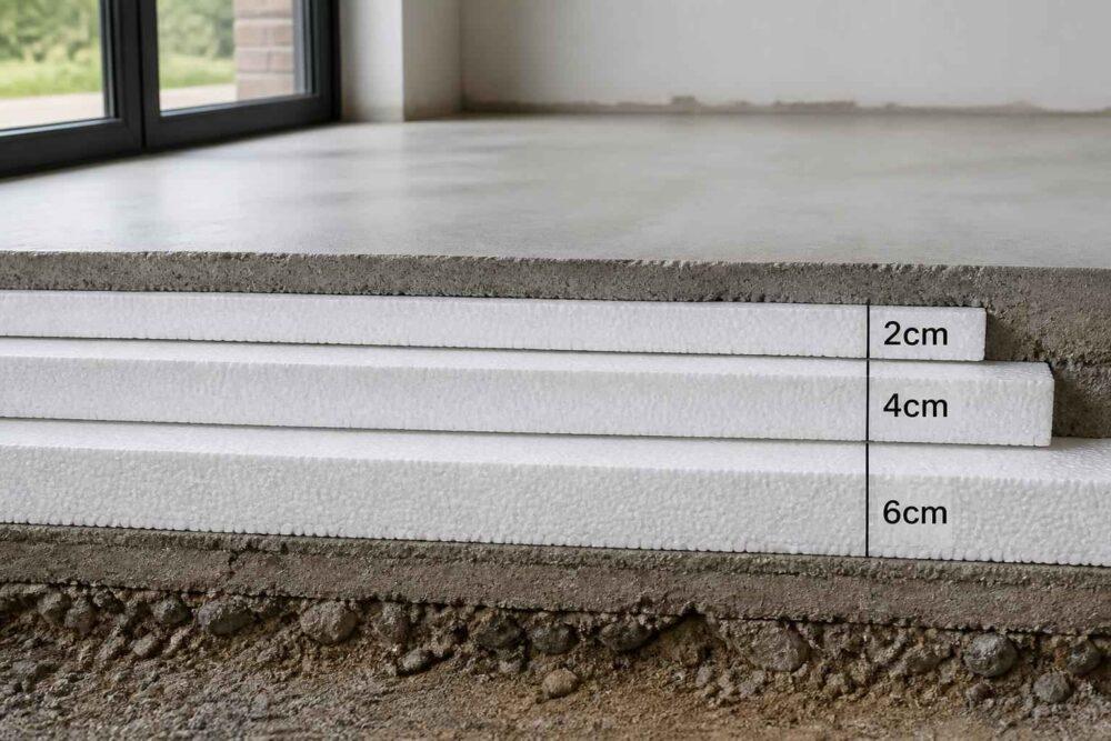 Przekrój podłogi z trzema warstwami izolacji o grubości 2, 4 i 6 cm
