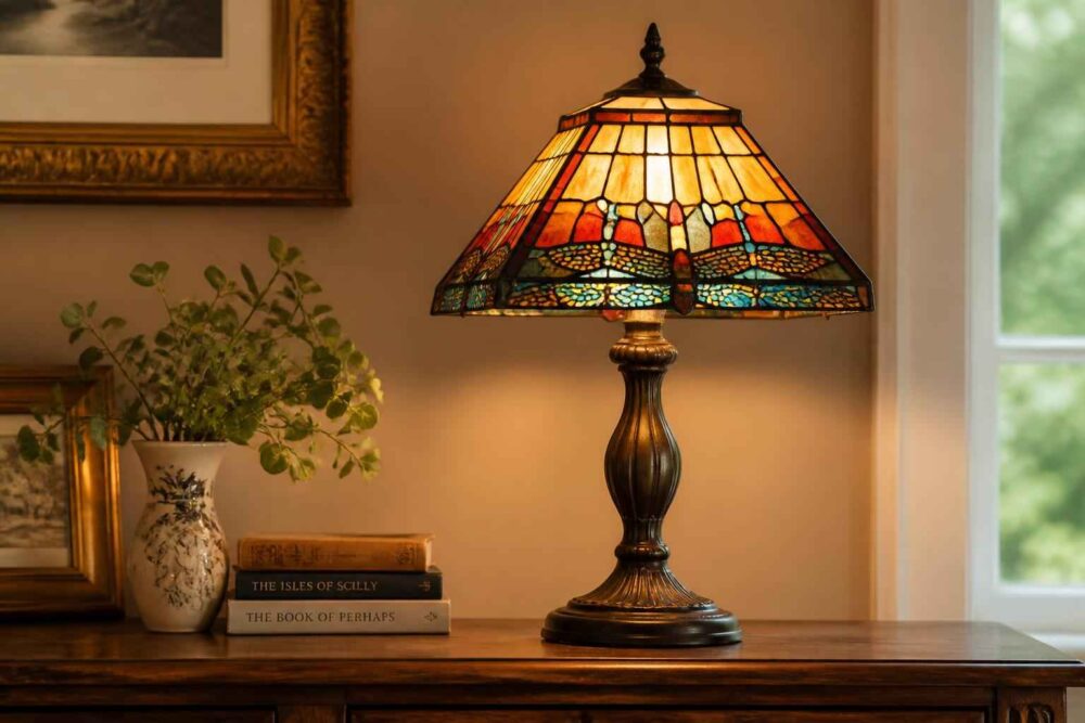Kolorowa lampa witrażowa na komodzie obok rośliny, książek i obrazów