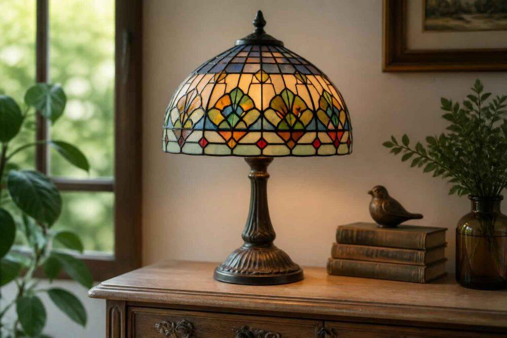 Kolorowa lampa witrażowa na komodzie obok książek i dekoracyjnej figurki ptaka