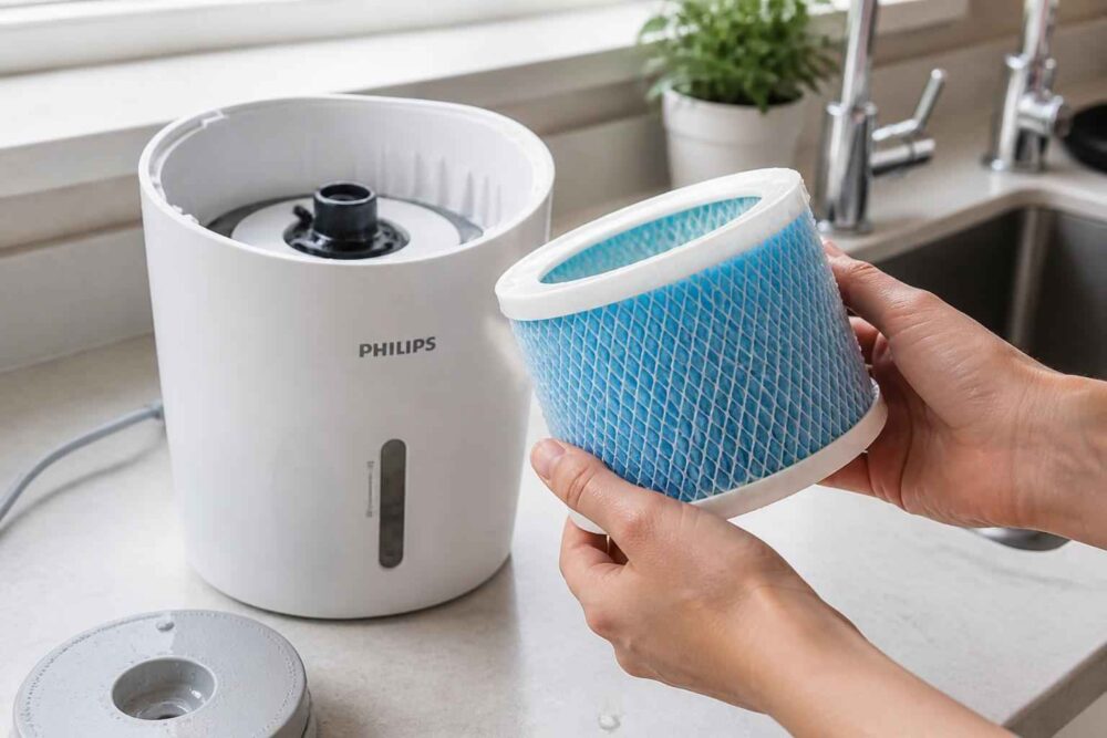 Dłonie wyjmują cylindryczny filtr z nawilżacza powietrza Philips na kuchennym blacie